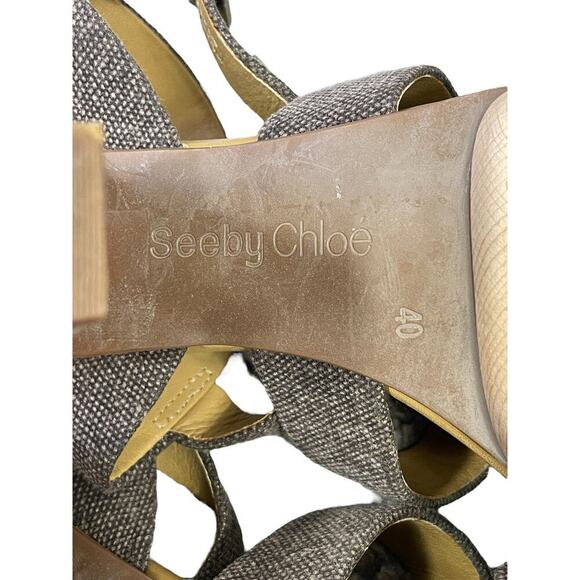 See by Chloe Canvas Slingback Sandals Wooden Platform Heel EUR 40 US 10 Summer - Picture 12 of 16